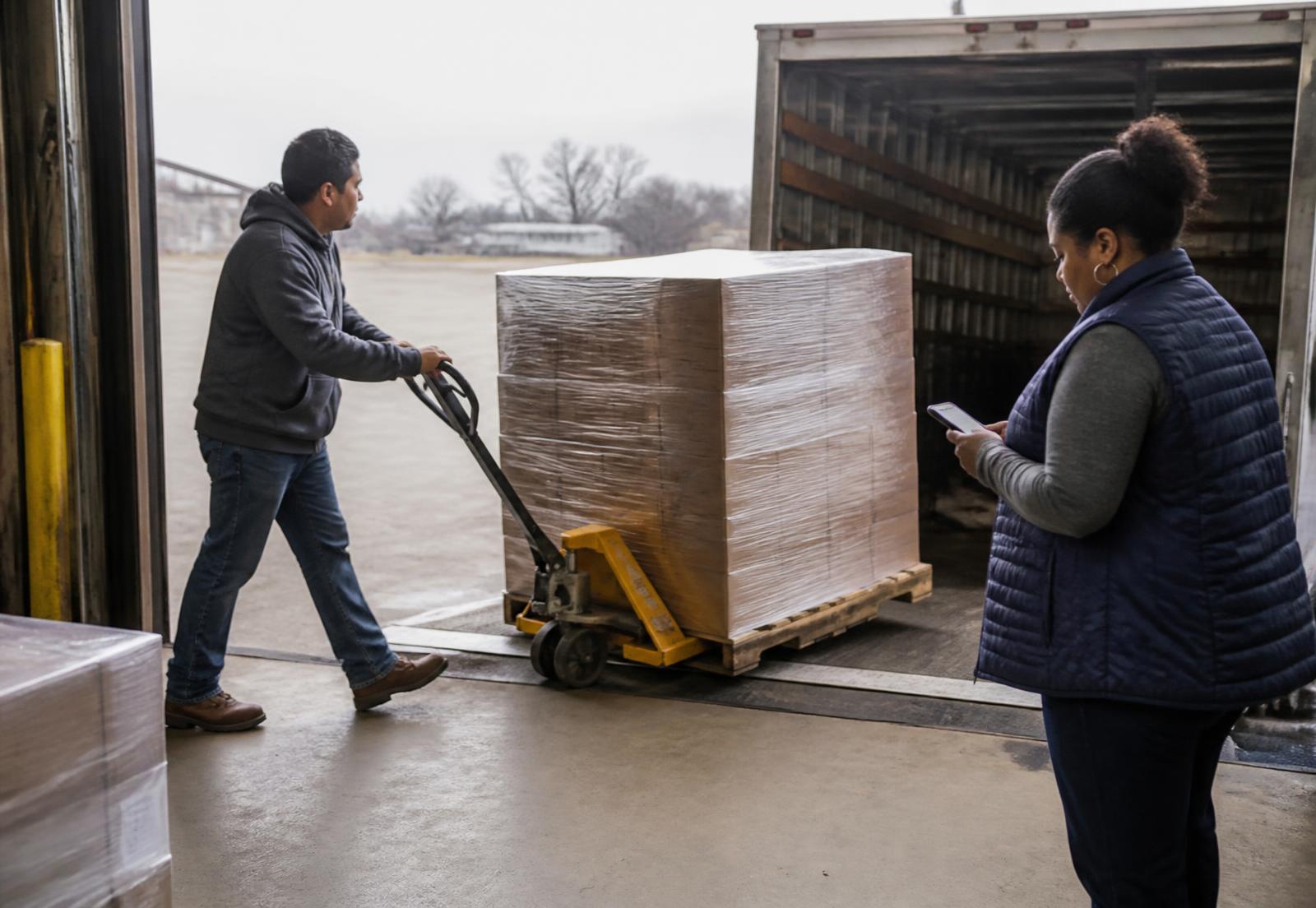 Two buyers loading a shrink-wrapped pallet onto a box truck at a warehouse dock