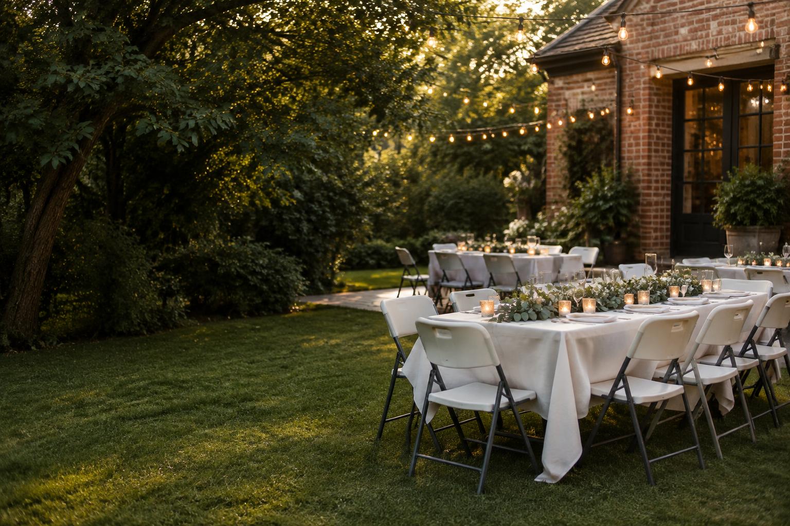 Event inspiration: white folding chairs and banquet tables in a garden, not actual Nest Pointe inventory