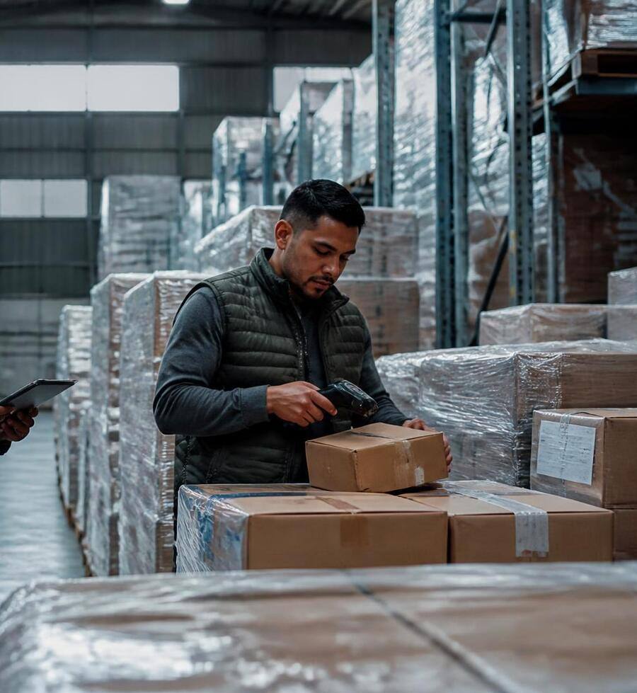 Resellers checking shrink-wrapped pallets of boxed merchandise inside a wholesale warehouse